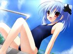  1boy blue_hair kurobuchi_aqua male male_focus one-piece_swimsuit original red_eyes rionoil school_swimsuit solo swimsuit trap twintails wet 