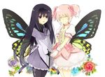  ^_^ akemi_homura black_hair black_legwear blue_flower blue_rose bow bubble_skirt butterfly_wings choker closed_eyes floral_background flower gloves grey_rose hair_bow holding_hands kakizato kaname_madoka lace lace-trimmed_skirt long_hair magical_girl mahou_shoujo_madoka_magica miniskirt multicolored multicolored_wings multiple_girls open_mouth pantyhose pink_hair pleated_skirt purple_eyes purple_skirt red_flower red_rose rose short_hair skirt smile twintails white_gloves wings 