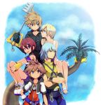  3boys black_coat_(kingdom_hearts) blonde_hair blue_eyes brown_hair cloak fingerless_gloves gloves green_eyes jewelry kairi_(kingdom_hearts) keyblade kingdom_hearts kingdom_hearts_i kingdom_hearts_ii long_hair multiple_boys multiple_girls namine necklace purple_eyes red_hair riku roxas sandals silver_hair sora_(kingdom_hearts) tree tsujisaki_(coa3) wristband 