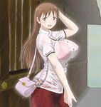  1girl :o angry arm_up bag bangs blush bra breasts brown_hair building buttons cowboy_shot denim doll door embarrassed erect_nipples hand_behind_head hand_on_head handbag hazel_eyes hibino high_collar huge_breasts jeans kamisama kamisama_dolls kino_yuugara kiyue lace lace-trimmed_bra large large_breasts lingerie long_hair looking_at_viewer looking_back open_mouth outdoors pants profile purse rain red red_bra see-through shiba shiba_hibino shirt short_sleeves solo standing underwear wet wet_clothes wet_shirt white wide_hips yellow_eyes 