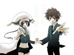  1boy 1girl bad_id black_hair brown_eyes brown_hair cape formal hand_holding hat headphones holding_hands jewelry katekyo_hitman_reborn! necklace necktie outreached_hand outstretched_arm ponytail sawada_tsunayoshi smile spiked_hair spiky_hair suit tattoo translation_request uni_(reborn) 