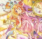  1girl blonde_hair broken broken_cup broken_mirror bug butterfly character_doll dress gem gohei hair_ribbon hand_behind_head hat insect key kusahama lying mini-hakkero on_back pink_dress pink_eyes ribbon rumia shawl short_hair solo star torn_clothes torn_hat touhou traditional_media 