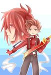  2boys age_difference belt brown_eyes brown_hair father_and_son frown glove gloves lloyd_irving multiple_boys red_eyes red_hair short_hair simple_background suspenders sword tales_of_(series) tales_of_symphonia weapon 