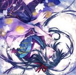  black_hair bow flower hair_bow japanese_clothes kimono long_hair minami_seira obi original petals purple_eyes sash solo upside-down 
