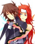  2boys :d blue_eyes blush brown_eyes brown_hair fingerless_gloves gloves headband hug kratos_aurion long_hair multiple_boys open_mouth red_hair short_hair smile spoilers sweat tales_of_(series) tales_of_symphonia very_long_hair wings zelos_wilder 