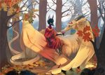  apple autumn black_hair clothed clothing dragon dress ear_piercing earring female feral fruit green_eyes hair horn leaves lingrimm nature necklace offering outside piercing ruan sitting tail tree water wings wood 