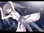  armpits arms_up bad_id bad_pixiv_id belt dress grey_eyes hatsune_miku kyowosuke letterboxed long_hair one_eye_closed pantyhose silver_hair sleeveless sleeveless_dress solo sparkle twintails vocaloid white_dress 