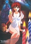  alcohol blue_eyes breasts candle champagne christmas christmas_tree cleavage couch dita_liebely dress fire gift highres kuroda_kazuya legs long_hair looking_at_viewer medium_breasts open_mouth red_hair ribbon smile solo space star text_focus tree vandread very_long_hair 