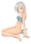  :o arm_support bare_legs bare_shoulders barefoot blush bottomless feet full_body looking_at_viewer muffin_(sirumeria) navel original silver_hair simple_background sitting skindentation solo strapless tubetop wariza white_background yellow_eyes 