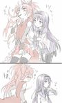  2girls 2koma akemi_homura black_hair blush comic food homu long_hair looking_back magical_girl mahou_shoujo_madoka_magica mijinkouka multiple_girls pantyhose pocky ponytail red_hair sakura_kyouko surprised thighhighs tickling translated unknown_artist_of_2ch_sakura_kyouko_thread 