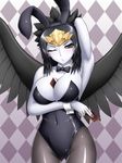  animal_ears between_breasts black_hair black_wings bow bowtie breasts bunny_ears bunnysuit card card_between_breasts checkered checkered_background cleavage detached_collar duel_monster fabled_grimro holding holding_card large_breasts long_hair pantyhose pataniito red_sclera solo wings wrist_cuffs yuu-gi-ou yuu-gi-ou_duel_monsters 