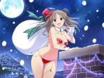  bikini brown_eyes brown_hair chimney christmas christmas_lights hat long_hair looking_at_viewer moonlight night night_sky official_art red_bikini renka_(senran_kagura) senran_kagura sky snow solo swimsuit 