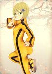  ass bad_id bad_pixiv_id blonde_hair bodysuit bruce_lee's_jumpsuit fighting_stance flower green_eyes hair_ornament hairclip huang_baoling infinote orange_bodysuit pantylines shoes short_hair sneakers solo tiger_&amp;_bunny 