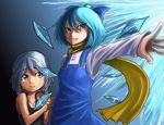  blue_eyes blue_hair bow bukimi_isan child cirno cirno-nee fairy_wings hair_bow izayoi_sakuya multiple_girls pose scarf short_hair siblings sisters tears touhou white_hair wings younger 