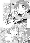  4girls :d :o =_= blush_stickers camera comic ekakibito greyscale highres loafers momoneko-sama monochrome multiple_girls o3o okazaki_norie open_mouth photo_(object) railing rock sakurada_maon sawatari_fuu sawatari_kou shoes short_hair smile tamayura twintails 