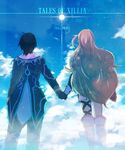  1girl ahoge blonde_hair blue_background brown_hair cloud copyright_name green_hair holding_hands jude_mathis long_hair mathuri milla_maxwell multicolored_hair sky tales_of_(series) tales_of_xillia 