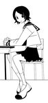  black_hair chair desk full_body greyscale hands_clasped highres hitou_nami kumeta_kouji miniskirt monochrome official_art own_hands_together pleated_skirt sayonara_zetsubou_sensei school_uniform serafuku shoes short_hair simple_background sitting skirt socks solo uwabaki 