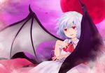  bat bat_wings blue_hair full_moon highres moon no_hat no_headwear open_mouth pekamatu red_eyes red_moon remilia_scarlet scarlet_devil_mansion short_hair solo touhou wings 