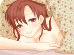  bad_id bad_pixiv_id bed_sheet breasts brown_hair cleavage highres lips long_hair medium_breasts oinu original red_eyes smile solo topless 