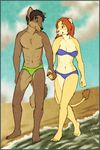  beach bikini canine clothed clothing couple duo feline female lion male mammal seaside skimpy speedo swimsuit tail tight_clothing topless wolf zenithfoxie 