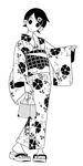  bag black_hair fuura_kafuka greyscale hair_ornament handbag japanese_clothes kimono kumeta_kouji monochrome official_art sandals sayonara_zetsubou_sensei short_hair simple_background solo 