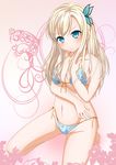  aqua_eyes bikini blonde_hair blue_bikini blush boku_wa_tomodachi_ga_sukunai breasts bug butterfly butterfly_hair_ornament floral_print front-tie_top hair_ornament insect kashiwazaki_sena large_breasts long_hair navel side-tie_bikini solo swimsuit takamin_apaman underboob 