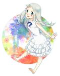  ano_hi_mita_hana_no_namae_wo_bokutachi_wa_mada_shiranai. barefoot blue_eyes copyright_name dress fwd honma_meiko long_hair open_mouth ribbon silver_hair sleeveless sleeveless_dress solo 