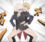  ahoge artoria_pendragon_(all) ass_visible_through_thighs assisted_exposure black_jacket black_pants black_shirt blonde_hair blush breasts emphasis_lines eyebrows_visible_through_hair fate/grand_order fate_(series) fur_trim gluteal_fold grey_hair hair_between_eyes jacket jeanne_d&#039;arc_(alter)_(fate) jeanne_d&#039;arc_(fate)_(all) jeanne_d'arc_(alter)_(fate) jeanne_d'arc_(fate)_(all) jewelry large_breasts long_sleeves looking_at_viewer multiple_girls nanaya_(daaijianglin) necklace open_mouth pants purple_jacket saber_alter shirt short_hair standing white_background yellow_eyes 