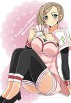  bad_id bad_pixiv_id black_legwear blush brown_hair character_name copyright_name cup driselle_sharil green_eyes hair_ornament hairclip kanaru shoes short_hair sitting skirt smile solo tales_of_(series) tales_of_xillia teacup thighhighs vest 