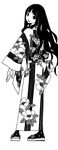  black_hair greyscale highres itoshiki_rin japanese_clothes kumeta_kouji long_hair looking_back monochrome official_art sandals sayonara_zetsubou_sensei simple_background socks solo wavy_hair 