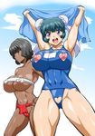  2girls areolae arms_up beyblade beyblade_metal_fusion black_hair blue_hair blush breasts brown_eyes crotchless crotchless_swimsuit dark_skin double_bun erect_nipples hand_on_hip hips hokuto_(pixiv) hokuto_(tokuho) huge_breasts large_breasts mei_mei mei_mei_(beyblade) metal_fight_beyblade multiple_girls nippleless_clothes nippleless_clothing nipples one-piece_swimsuit open_mouth purple_eyes pussy sarashi selen_gracy smile swimsuit thighs towel uncensored 