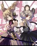  animal_ears basket belt brown_eyes brown_hair capelet dowsing_rod earmuffs grey_hair highres mouse mouse_ears mouse_tail multiple_girls nazrin pointing pointing_at_viewer red_eyes ritual_baton sheath shope short_hair smile sword tail touhou toyosatomimi_no_miko weapon 