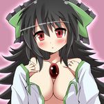  black_hair blush bow breasts cleavage givuchoko hair_bow large_breasts long_hair no_bra open_clothes open_mouth open_shirt red_eyes reiuji_utsuho shirt solo third_eye touhou upper_body 
