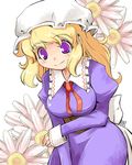  blonde_hair flower hat kanoe_soushi long_hair maribel_hearn purple_eyes smile solo touhou upper_body 