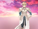  ahoge armor arthur_pendragon_(fate) blonde_hair fate/prototype fate/stay_night fate_(series) green_eyes horizon male_focus prototype saver solo sunset yeichi 