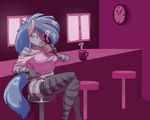  anthro blue_eyes blue_hair breasts clock clothed clothing coffee crossed_legs cup dastardlydevil ears equine female fishnet hair jessica_(character) legwear looking_at_viewer mammal mug sitting skimpy solo stockings tail underwear zebra 
