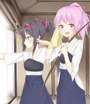  :d akemi_homura alternate_hairstyle archery archery_dojo bad_id bad_pixiv_id bangs black_hair blue_hakama blush bow_(weapon) eyebrows_visible_through_hair hair_ribbon hair_up hakama heirou homu indoors japanese_clothes kaname_madoka kyuudou long_hair looking_at_viewer looking_away mahou_shoujo_madoka_magica multiple_girls muneate open_mouth outstretched_arm pink_eyes pink_hair ponytail profile purple_eyes red_ribbon ribbon smile sparkle translated weapon 