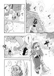  animal_ears blush broom comic greyscale hat japanese_clothes kimono mitsumoto_jouji monochrome multiple_girls music musical_note mystia_lorelei okamisty singing smile touhou translated wings 