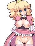  areolae blonde_hair blue_eyes breastless_clothes breasts breasts_outside cameltoe center_opening crown dress dress_lift elbow_gloves gloves groin large_areolae large_breasts mario_(series) nipples pink_dress princess princess_peach pubic_hair pussy see-through sho-n-d skindentation smile solo super_mario_bros. thighhighs tongue 