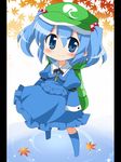  autumn_leaves ayu_(iyokanya) backpack bad_id bad_pixiv_id bag blue_eyes blue_hair blue_skirt blush frilled_skirt frills hair_bobbles hair_ornament hat kawashiro_nitori key medium_skirt shirt skirt skirt_set smile solo touhou two_side_up 