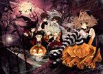  5boys alexa_pasztor animal_ears bare_tree bat black_hair blonde_hair brown_eyes brown_hair elbow_gloves fay_d_flourite full_moon gloves green_eyes halloween hat ichihara_yuuko jack-o'-lantern kurogane_(tsubasa_chronicle) long_hair mary_janes mokona moon multiple_boys multiple_girls pantyhose pitchfork pumpkin red_eyes sakura_hime shoes short_hair shorts silk spider_web striped striped_legwear tree tsubasa_chronicle wand witch_hat wolf_ears xiaolang 