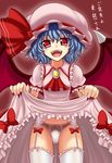  ascot bat_wings blue_hair dress dress_lift garter_straps hat kurowana panties red_eyes remilia_scarlet solo touhou translation_request underwear white_panties wings 