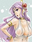  1girl athena bare_shoulders breasts cleavage dress huge_breasts jewelry kido_saori large_breasts looking_at_viewer lots_of_jewelry navel open_mouth purple_eyes purple_hair saint_seiya see-through simple_background solo standing 