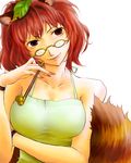  animal_ears brown_eyes brown_hair futatsuiwa_mamizou glasses highres kiseru leaf leaf_on_head magonimoishou nail_polish pipe raccoon_ears raccoon_tail short_hair solo tail touhou 