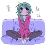  arm_support blush braid butterfly_sitting character_name couch green_eyes green_hair hair_over_shoulder hidamari_sketch hood hoodie long_hair looking_up messy_hair mikami_komata natsume_(hidamari_sketch) pillow single_braid sitting sketch solo 
