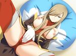  bare_shoulders breasts breasts_outside brown_hair covering covering_crotch dutch_angle gloves green_eyes hair_over_one_eye hou_(hachiyou) large_breasts long_hair nipples panties pillow red_panties smile solo spread_legs tales_of_(series) tales_of_the_abyss tear_grants thighhighs thighs underwear white_gloves 
