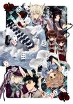  5boys alexa_pasztor alice_(wonderland) alice_in_wonderland animal_ears black_hair blonde_hair bow brown_hair bunny_ears card cat_ears caterpillar_(wonderland) cheshire_cat cosplay falling_card fay_d_flourite flower green_eyes highres holding holding_card ichihara_yuuko kurogane_(tsubasa_chronicle) li_&quot;xiaolang&quot; mad_hatter march_hare mokona multiple_boys multiple_girls petticoat pocket_watch red_eyes rose sakura_hime shoes single_shoe striped striped_legwear thighhighs tsubasa_chronicle tweedledee tweedledum watch white_flower white_rabbit white_rose xiaolang 