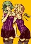 blonde_hair blue_eyes camisole cosmo_(bousoup) eh?_ah_sou_(vocaloid) garters green_eyes green_hair gumi hair_over_one_eye highres kagamine_rin multiple_girls open_mouth short_hair smile thighhighs vocaloid zettai_ryouiki 