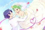  1girl baka_to_test_to_shoukanjuu blush couple dress english green_hair hetero kaminoya kudou_aiko short_hair tsuchiya_kouta wedding wedding_dress 