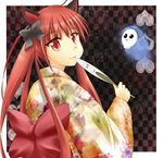  :3 animal_ears cat cat_ears checkered checkered_background fan ghost hair_ribbon japanese_clothes kaenbyou_rin kimono long_hair looking_back odero paper_fan red_eyes red_hair ribbon solo touhou twintails uchiwa upper_body 